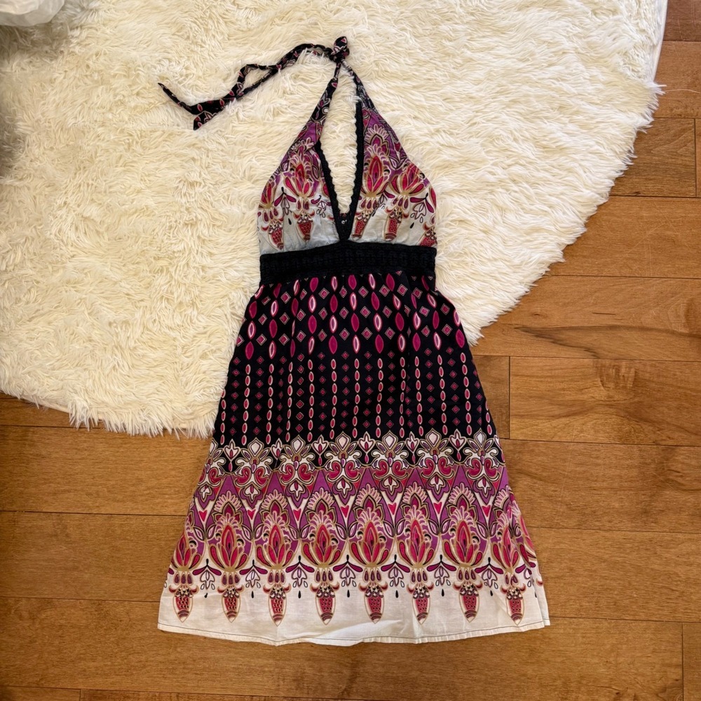 Wet Seal Y2K Boho Halter Mini Dress Pink Purple Paisley Cotton XS Womens Vibe
